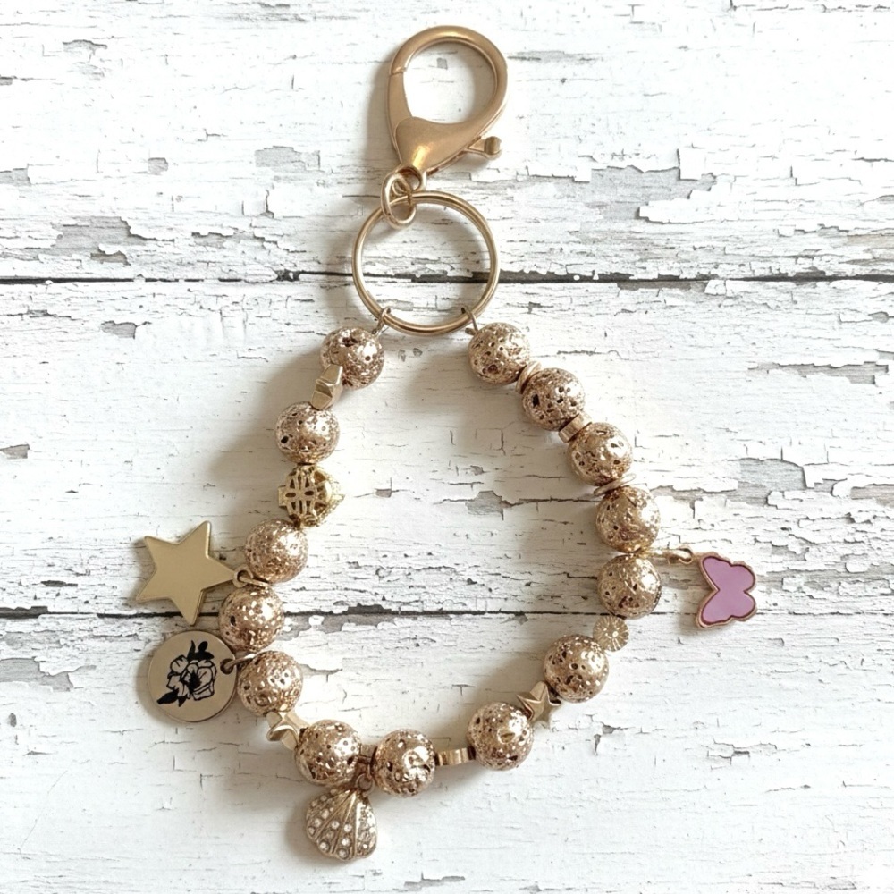 Gold Lava Stone Keychain/ Key Ring with Butterfly, Star & Floral Charms